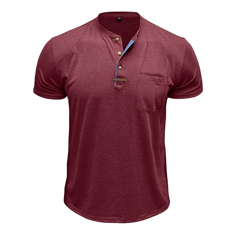Summer Men's Henry Collar T-Shirts Solid Color Short Sleeve Tees Tops Men