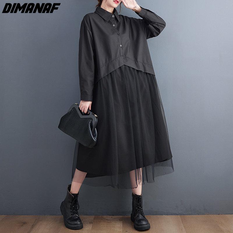Dimanaf New Autumn Style Women Shirt Dress Black Patchwork Mesh Fashion Loose Dress 2022 Long Cardigan