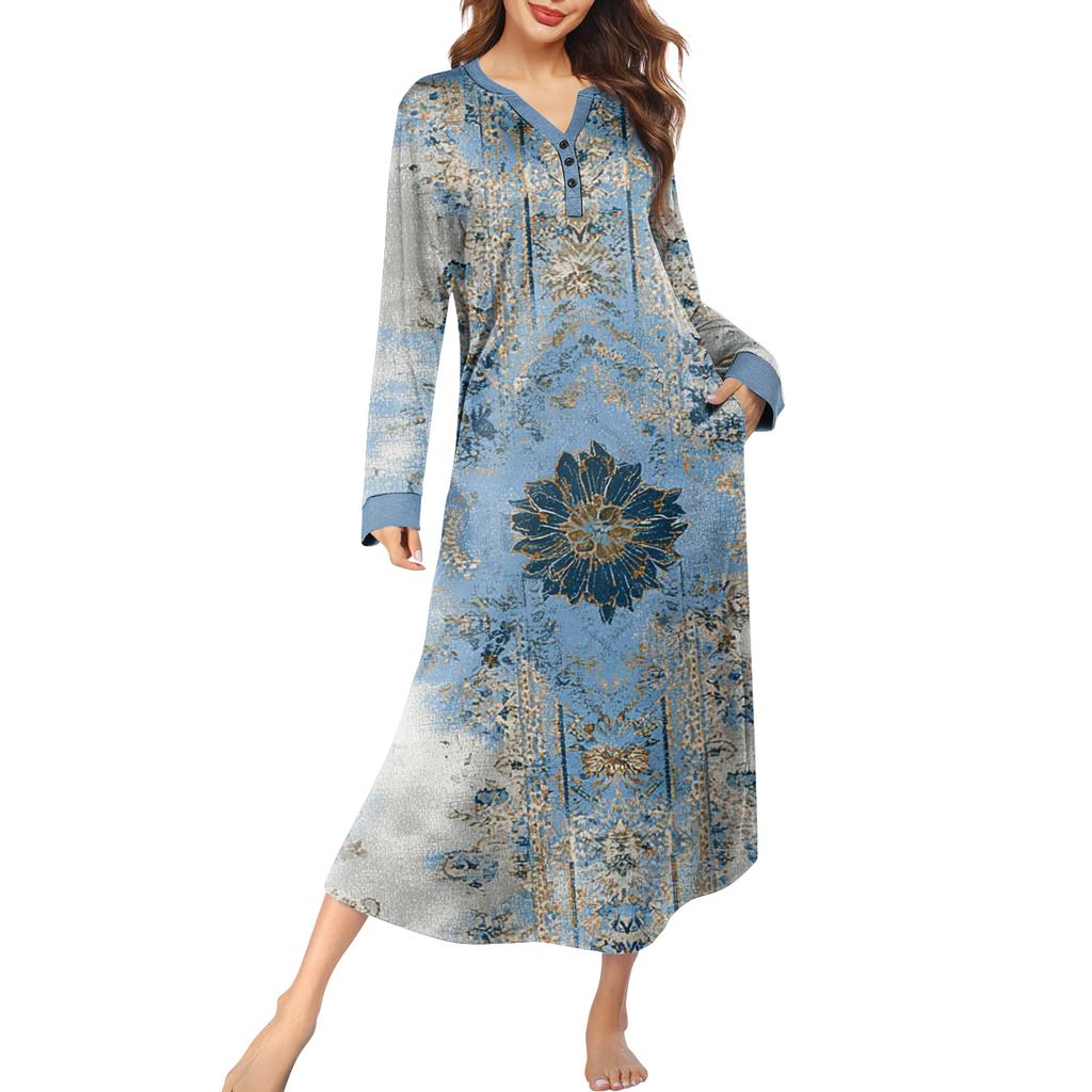 Женская ночная сорочка длинная домашняя одежда с V-образным вырезом и карманами