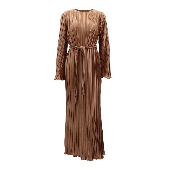 Осенне-весеннее женское платье с рукавами-колокольчиками, круглым вырезом, в полоску, плиссированное, однотонное, облегающее, со шнуровкой на ремне