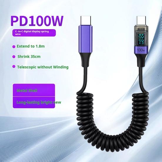 Charging Cord Spring Retractable Design 480Mbps High Speed PD100W Intelligent Display Fast Charging Data Cable