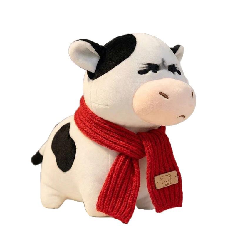 Amo Tlas Grassland Cow Plush Toy: Cute Abstract Expression Cow Doll & Scarf Set