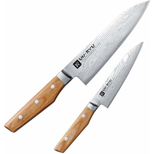 Shimomura Kogyo, Сделано в Японии, Дамасский нож Сантоку Унрю (170мм), Мелкий нож (125мм), и Набор из двух ножей (170мм), VG-10 33-слойный, Элегантный узор «Дымка»