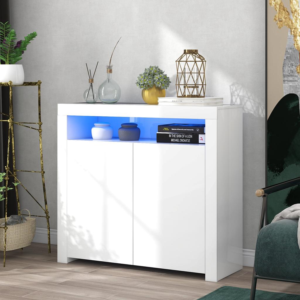 (316190194WAA) Chest Sideboard White Living Room Storage Cabinet High Gloss with LED Light, Modern Kitchen Buffet Wood Display Cabinet TV Stand
