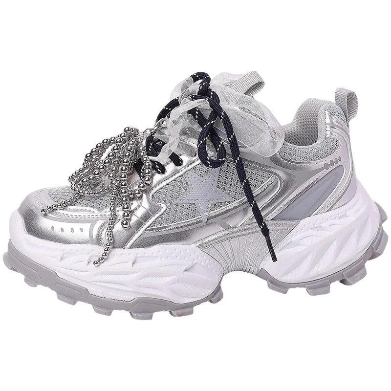 Сетчатые кроссовки на шнуровке женские 2025 весна и лето новая ретро спортивная повседневная обувь модные туфли на толстой подошве