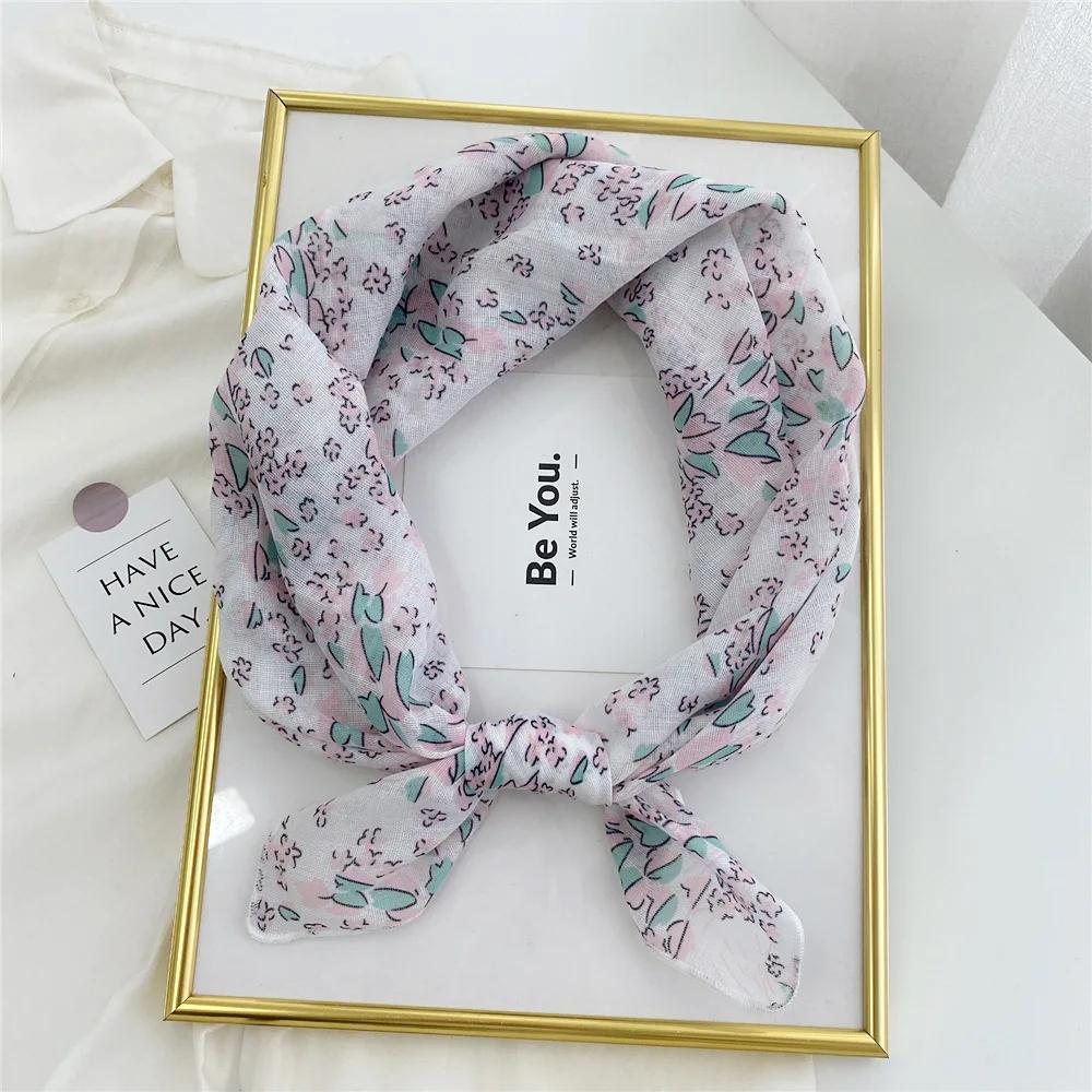 Floral Print Neckerchief Small Hijab Scarfs Women Fashion Handkerchief Neck Scarf Shawls Cotton Blends Korean Hair Scarves 58CM