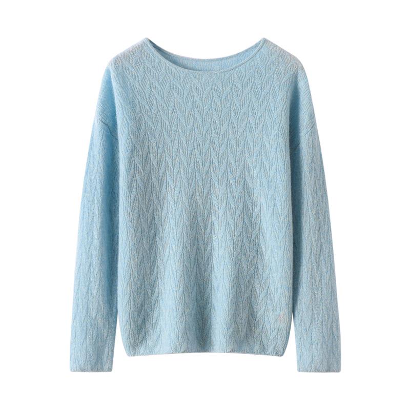 Women's 100% Pure Cashmere Floral Pattern Round Neck Loose Knit Pullover Sweater
