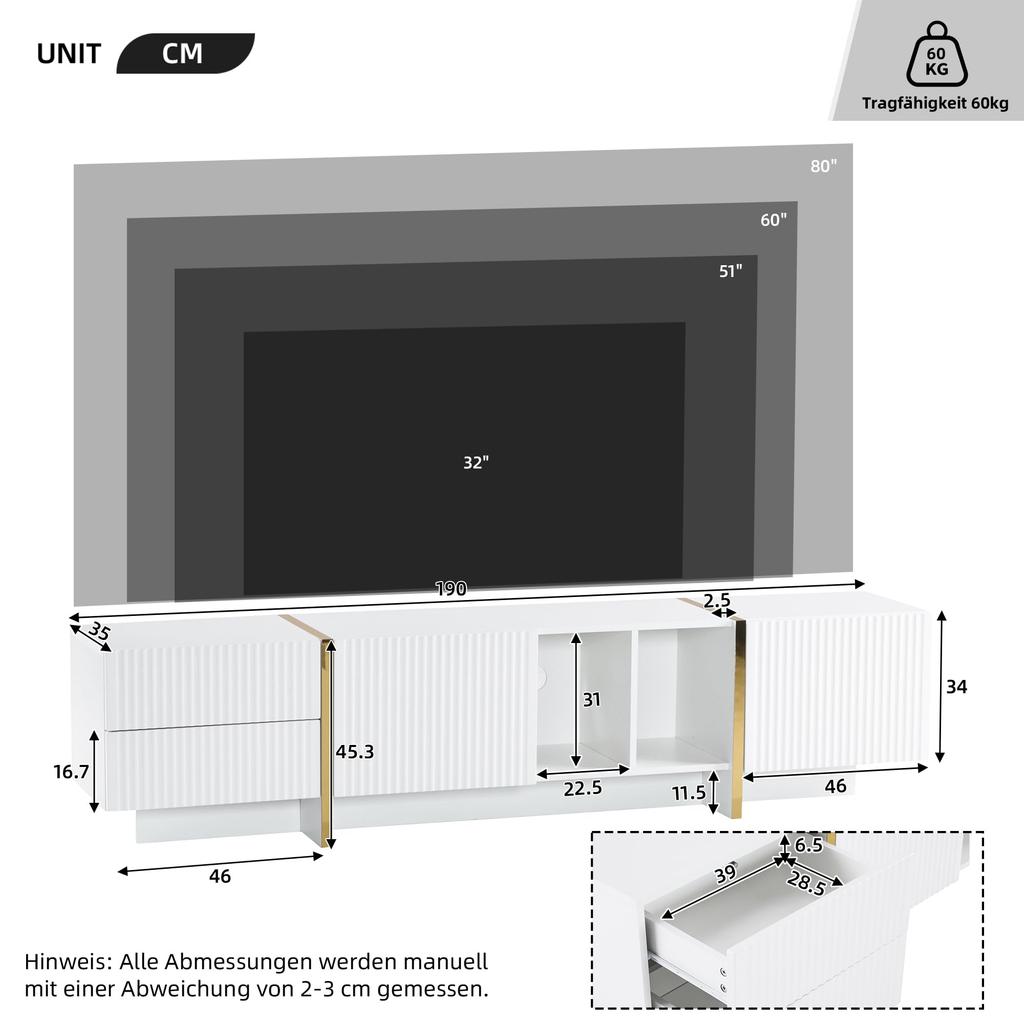 2 Türen, 2 Schubladen, 2 offene Fächer, TV-Regal Fernseher bis zu 80 Zoll, Moderner TV Board Lowboard Wohnzimmer, Esszimmer, Weiß, 190cm