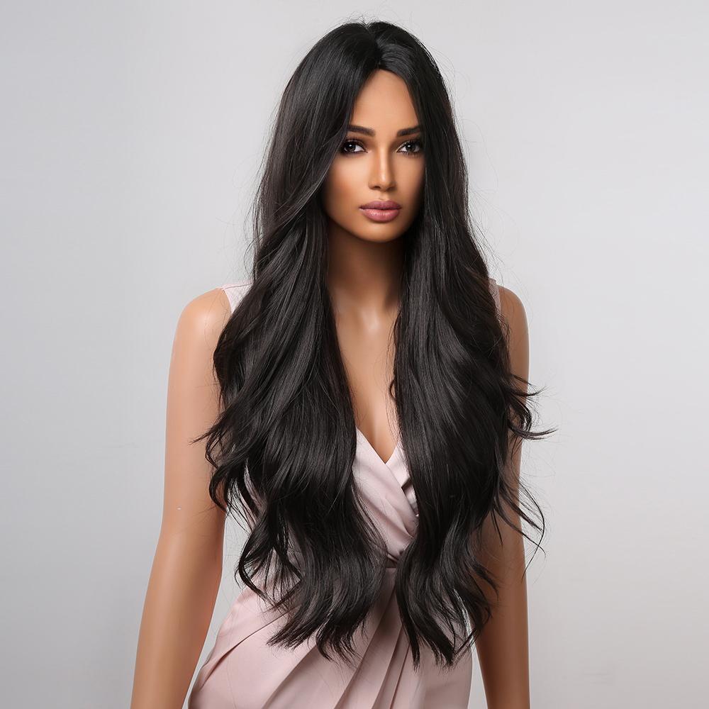 Long Black Synthetic Wigs Middle Part for Black Women Wavy Cosplay Hair Wigs Heat Resistant Fiber