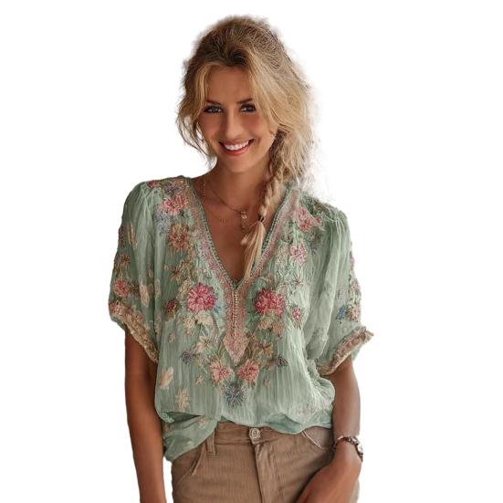 Женские Топы 3D Печать Имитация Жаккарда V-образный Вырез Короткий Рукав Свободный Крой Мягкая Дышащая Летняя Рубашка Повседневная