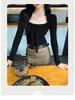 Chic Square Neck Lace-Up Slim Fit Short Top for Women - Autumn/Winter Fashion