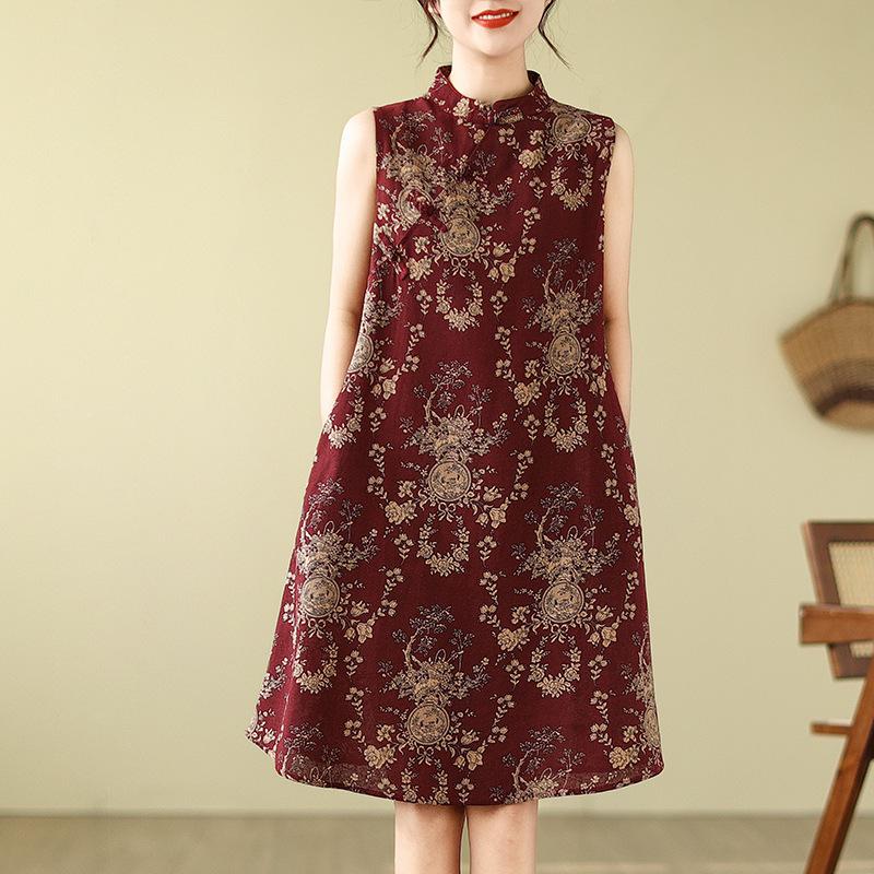 Ретро Модифицированная юбка-чеонгсам с дисковыми пуговицами Свободное утягивающее платье без рукавов с принтом