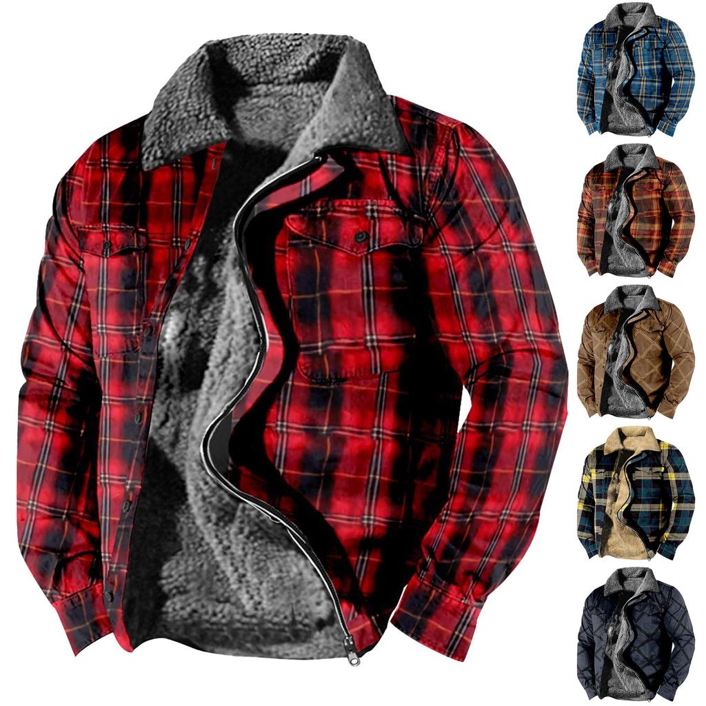Men's Plaid Print Fleece Thickened Coat Jacket Men's Casual Fashion Warm Coat