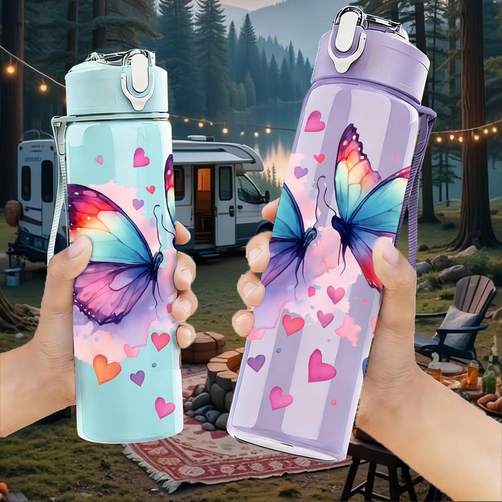 1PC Colorful Butterfly Wing Art Print 750ml Color Plastic Sports Water Bottle Leakproof Flip Straw Lid Suitable for Sports Office Home Use