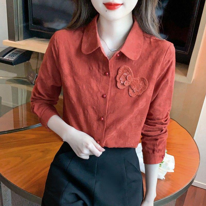 Осень 2024 г. Женская рубашка с длинным рукавом из чистого хлопка с жаккардовой вышивкой