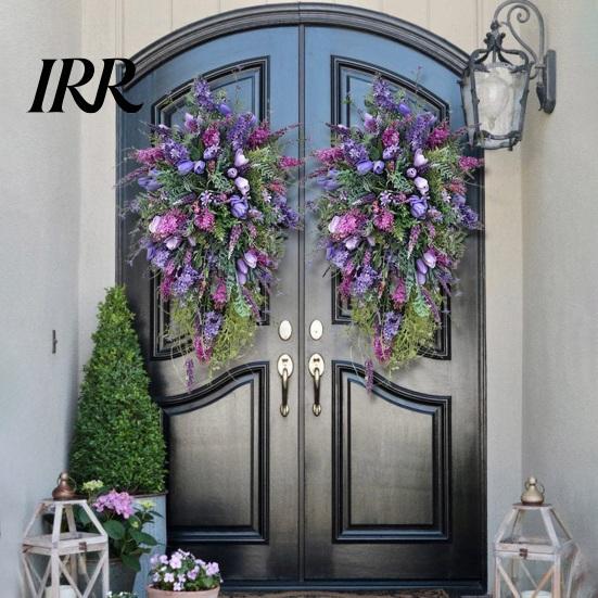 No Fade Wreath 19.7 Inch Artificial Tulip Teardrop for Front Door Purple Lavender Floral Year Round Swag with Green Leaves Wall Window Wedding