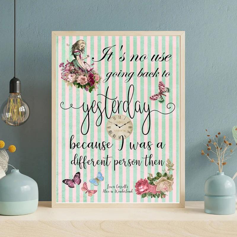 Cartoon Retro Colored Alice In Wonderland Inspirational Quote Poster Canvas Painting Wall Art for Living Room Kids Home Decor