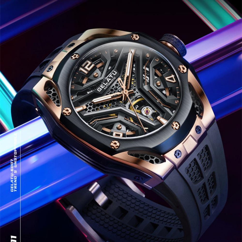 GELATU новые лучшие мужские часы с силиконовым ремешком, водонепроницаемые деловые автоматические механические часы, мужские часы с полым циферблатом