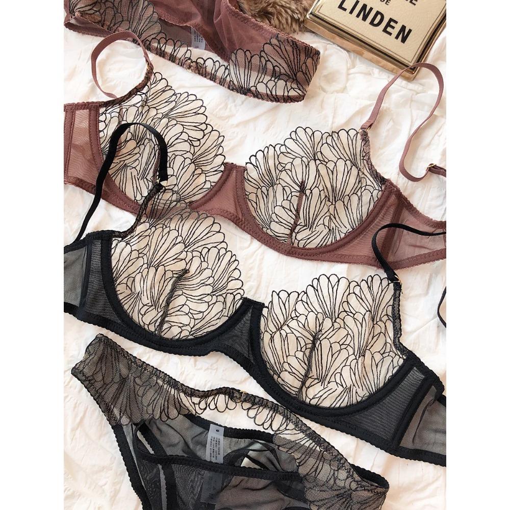 Летнее кружевное ультратонкое женское нижнее белье, французский высококачественный бюстгальтер пуш-ап с перьями, сексуальный комплект из бюстгальтера и полых трусиков для женщин