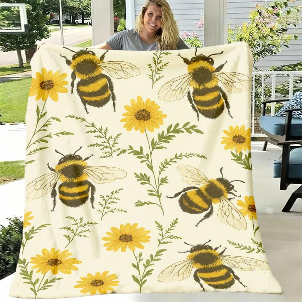 Cozy Flannel Blanket with Honeybee & Sunflower Design Ultra-Soft, Warm, And Versatile for Spring Picnics, Fall Home Decor Valentine'S Day Perfect Gift