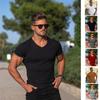 Gym T-shirt Men V Neck Short Sleeve Knitted Tshirt Sports Slim Fit Tee Shirt Male Fitness Bodybuilding Workout Summer Clothing