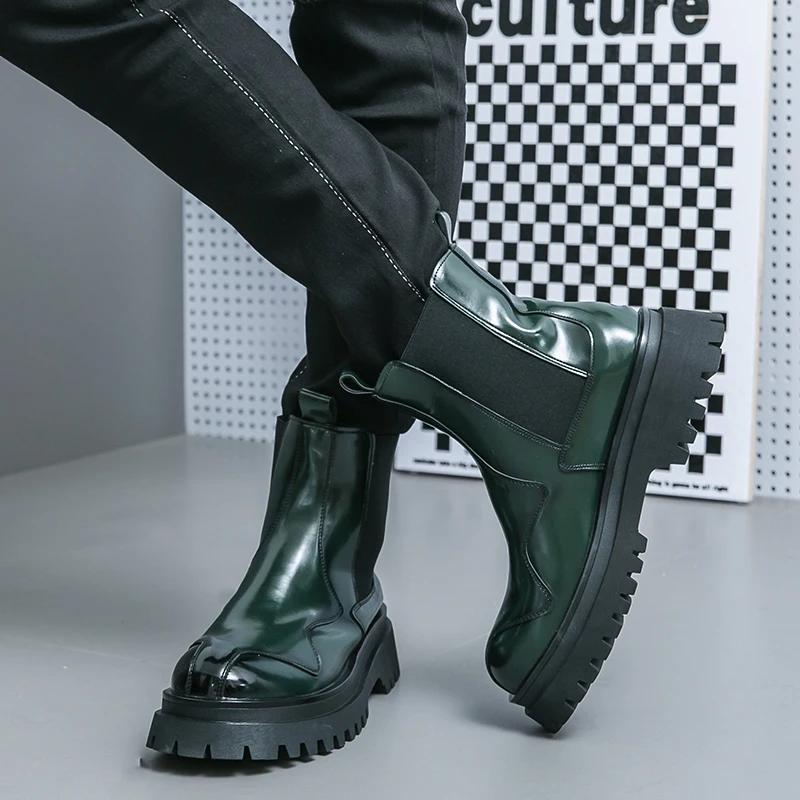 New Chelsea Boots for Men Green Black Patent Leather Round Toe Slip-On Shoes for Men with Size 38-44 Ankle Boots
