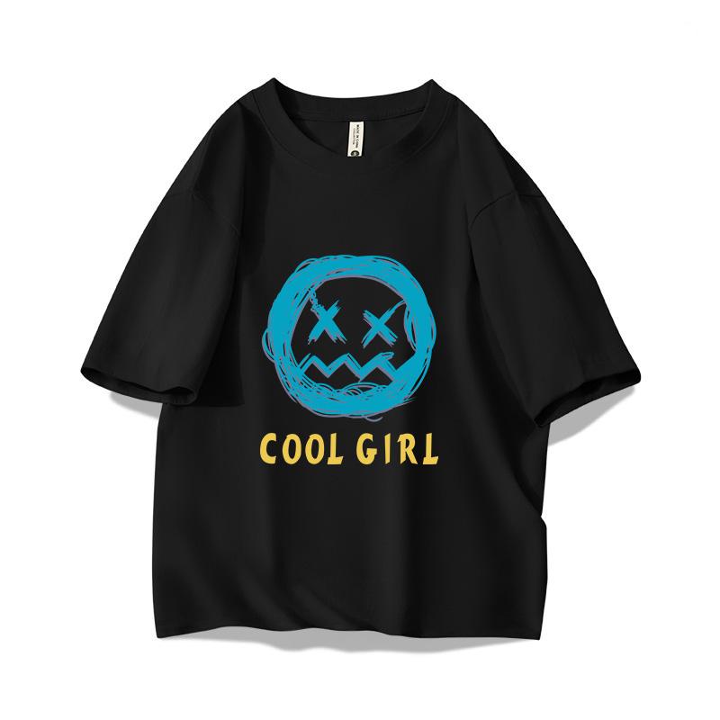 Smiley Face Cool Girl Print Y2K Girls 100 Cotton TShirt Summer Casual Trendy Vintage Oversized Short Sleeve Unisex Tee