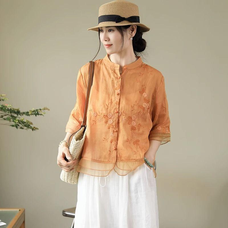 Летний литературный и ретро вышитый хлопково-льняной топ, рукав семь четвертей, этнический стиль, рубашка с вставками, женственный темперамент