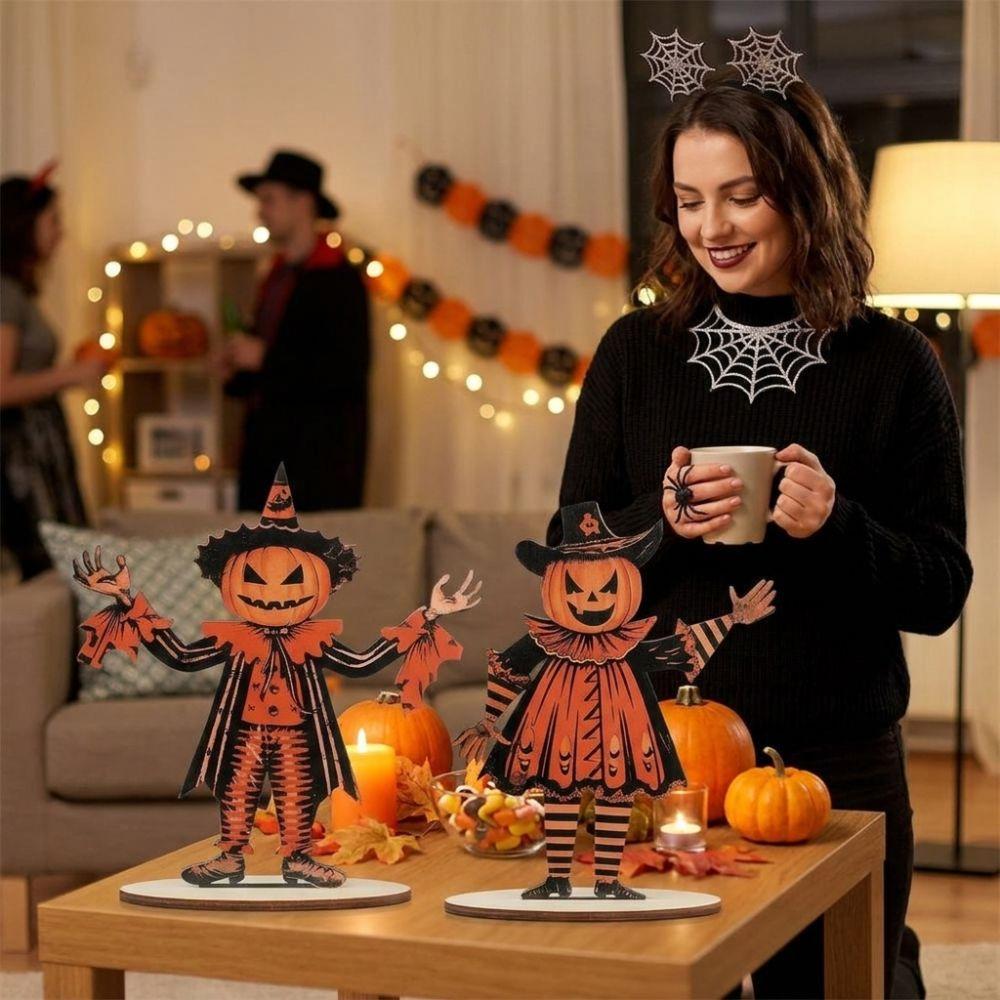 3Pcs 2D Flat Pumpkin Man Tabletop Decor Wooden Pumpkin Scarecrow Party Sign Tabletop Display