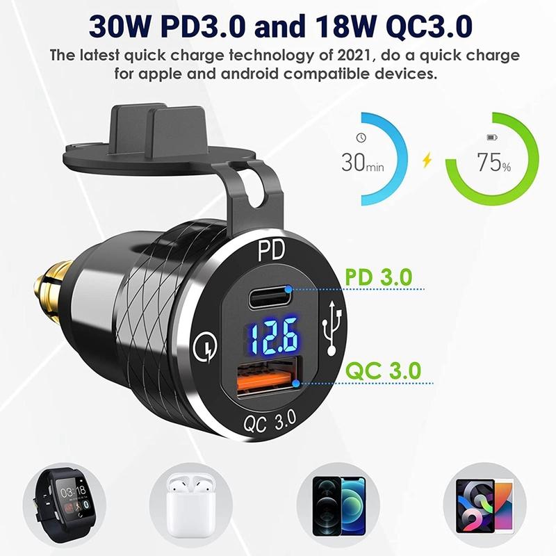 Быстрое зарядное устройство USB Type C PD 3.0 Din в USB и розетка 18 Вт QC 3.0 с вольтметром для мотоциклов 12 В-24 В Ducati BMW JAS