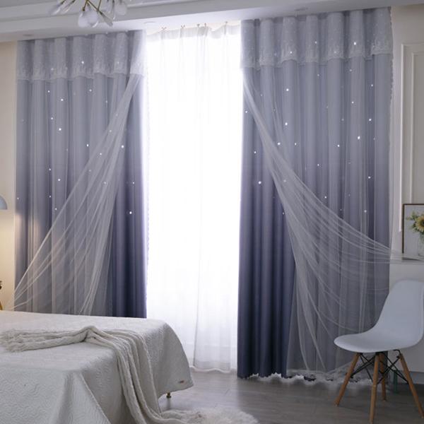 2 шт., простая градиентная цветная занавеска со звездами, занавеска принцессы Ins с высоким затемнением, для спальни, гостиной, двойная тканевая марлевая занавеска