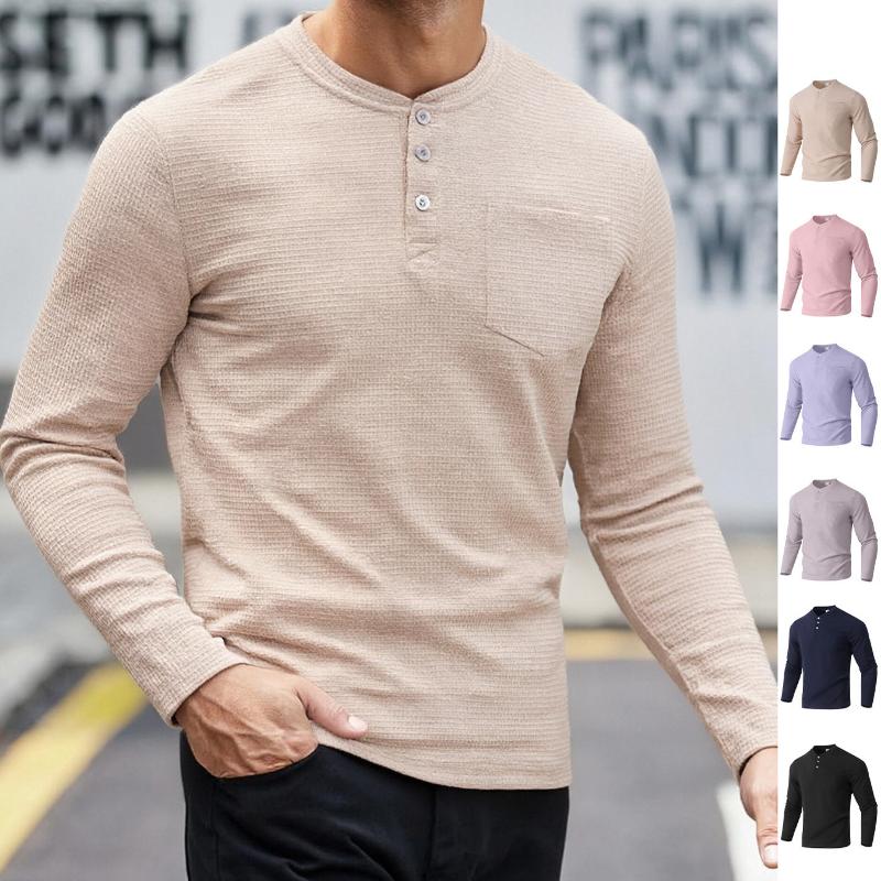 Men Black Waffle Knit Henley Long Sleeve Shirt With Chest Pocket
