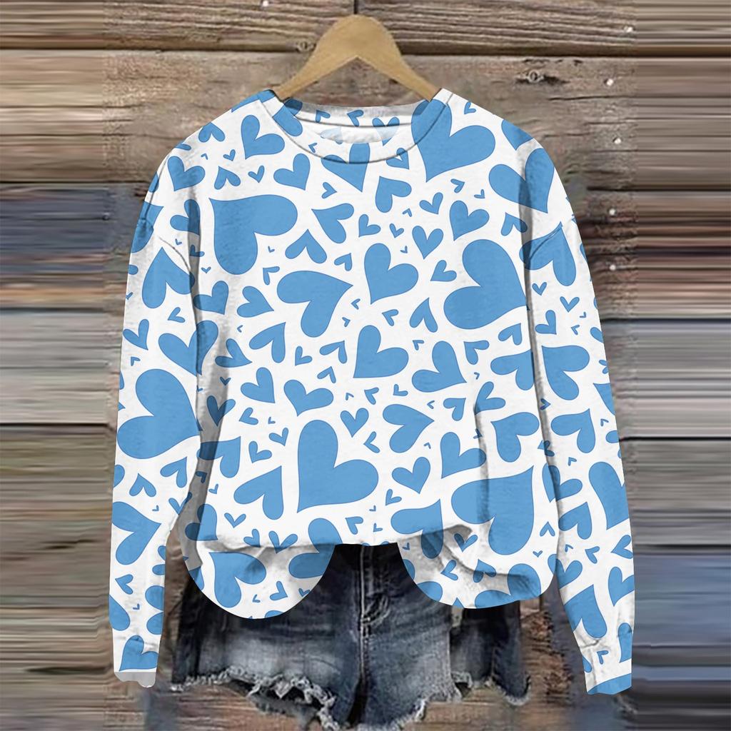 Женская мода День святого Валентина Печатный длинный рукав свободный круглый вырез толстовка Топ осень