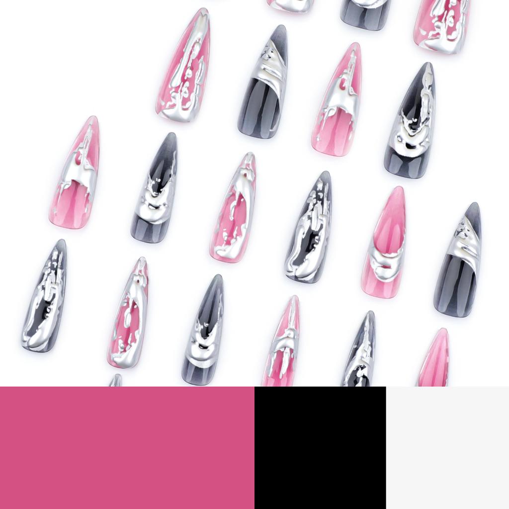 24 Pieces European and American Long Pointed Wearing Nail Smudge Hot Silver 3D Wearable Nail Plate Manicure Fake Nail