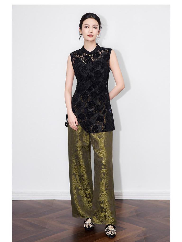 Super Aura Rayon Jacquard Wide-Leg Long Pants - New Chinese National Style