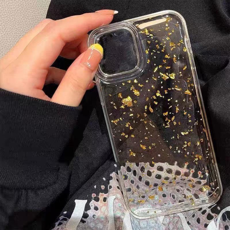 Чехол для телефона IPhone17promax с золотой фольгой и блестками для Apple 15plus Прозрачный клей 16 Простая и тонкая модель