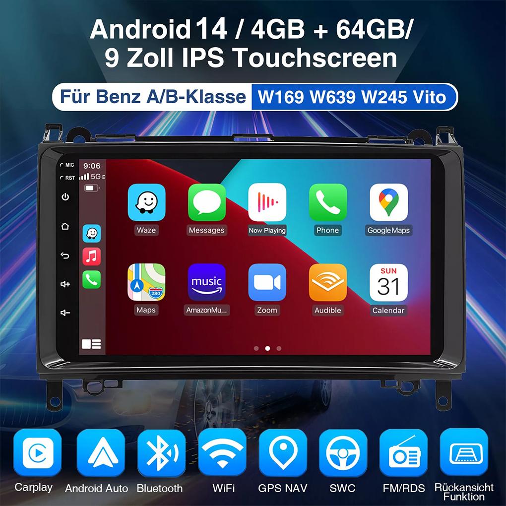 Автомагнитола для Mercedes Benz W169 W245 Sprinter W639 Vito Беспроводной Carplay Android Auto 2DIN GPS-навигатор WiFi FM BT 4+64 ГБ
