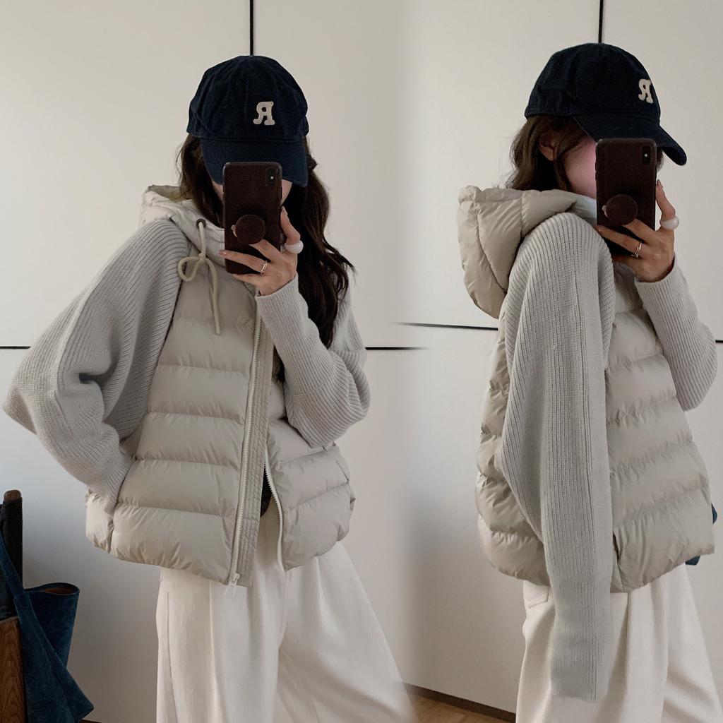 Light and thin knitted sweater sleeve splicing down padded jacket women's fake winter gray winter thickened hooded jacket