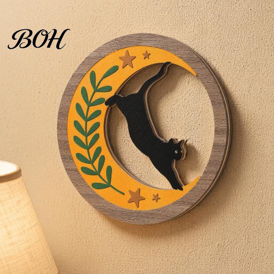Round Cat Hangings 4Pcs 3D Boho Wall Decoration, Wooden Hangings, Animal Star Sun Moon Entrance Hall Decoration Botanical Decor, Layered Wood