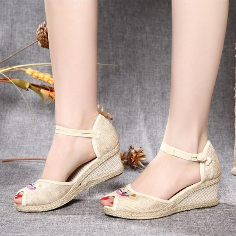Женские эспадрильи на танкетке, летние элегантные туфли с вышивкой и ремешком на щиколотке, туфли на платформе с открытым носком, женская повседневная обувь