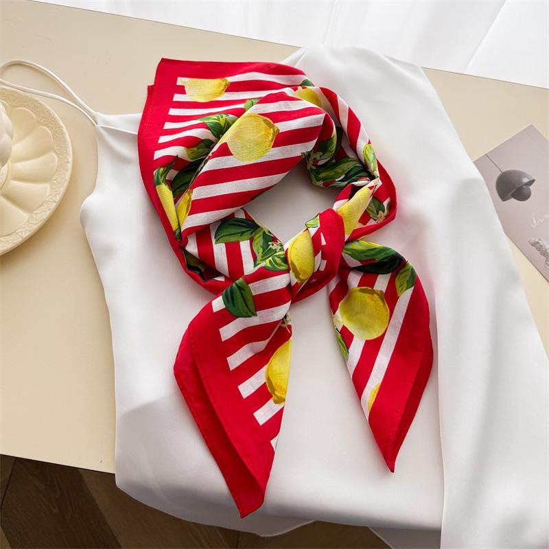 Fresh Lemon Printed Cotton Small Square Scarf For Women Sun Protection Decoration