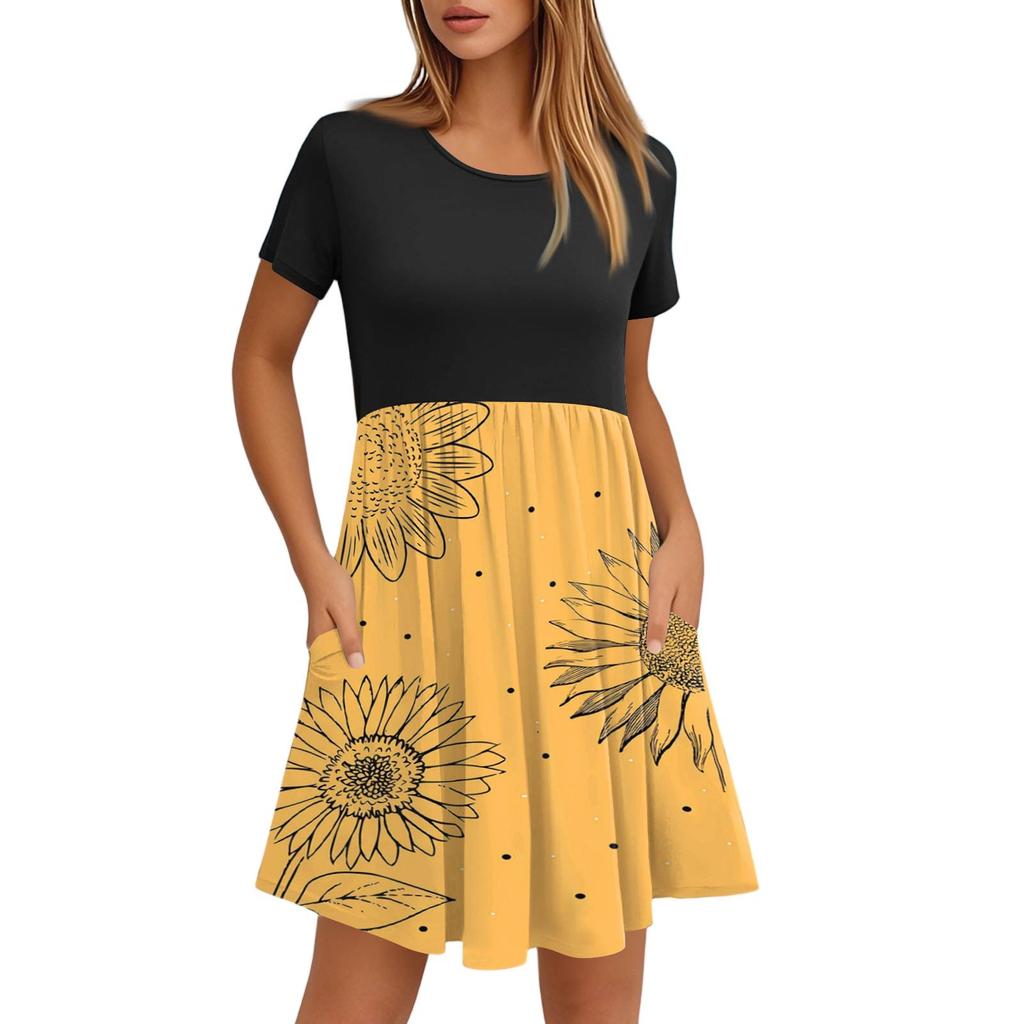 Женские модные повседневные свободные платья с круглым вырезом и коротким рукавом с принтом и карманами
