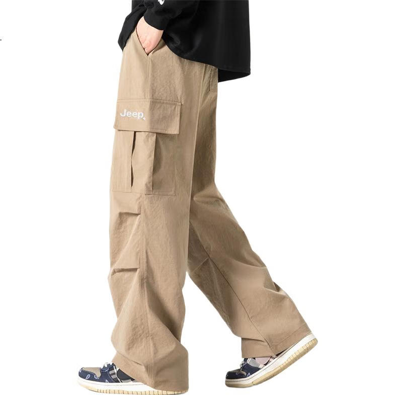 JEEP Men's Cargo Pants, Spring And Autumn Trendy Straight-Leg Loose Casual Trousers, Versatile Men's Pants, Khaki, Size L