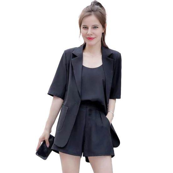Women 3 Piece Blazer Outfit Short Sleeve Open Front Blazer Sleeveless Tank Top Shorts Set One Button Suit Jacket Business Set