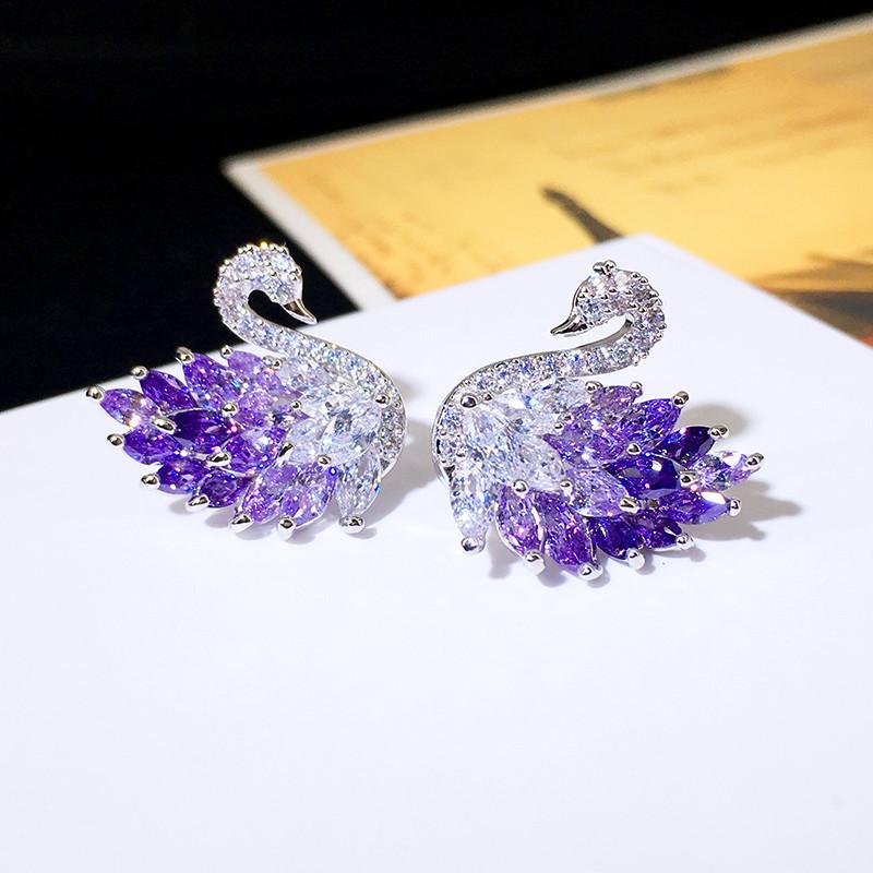 Hot-selling wish platinum purple diamond zircon swan silver needle earrings, slightly inlaid high-end versatile