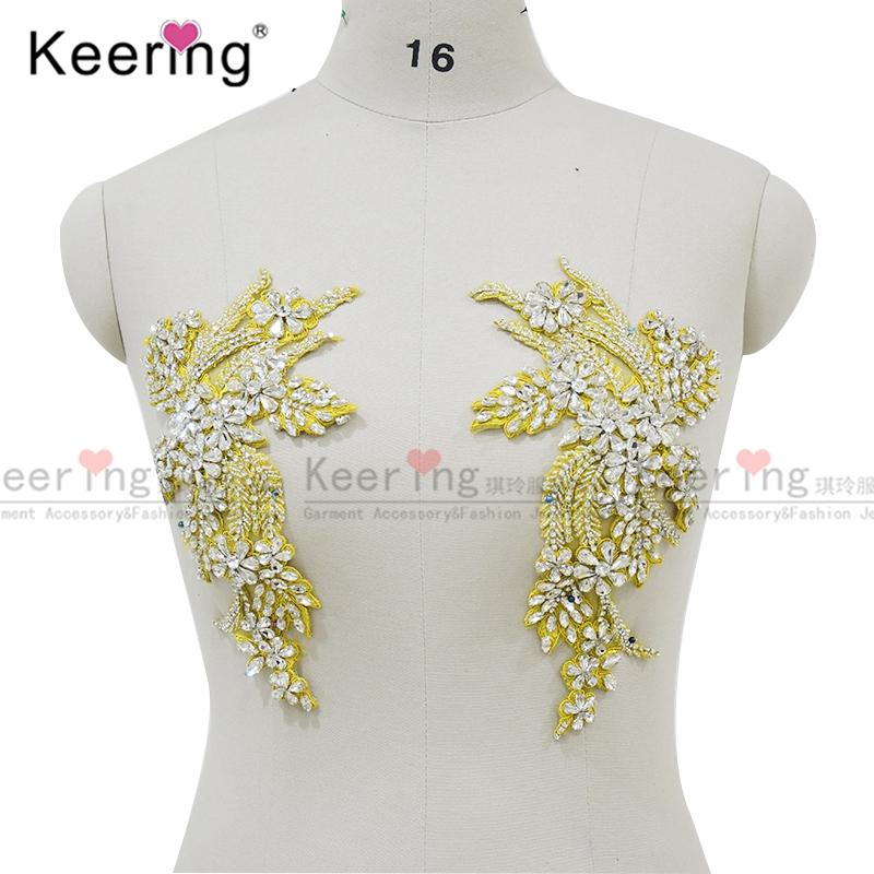 Customize Shoulder Charming Clear Crystal Beaded Bodice Rhinestone Applique Patch for Party Wedding Dress