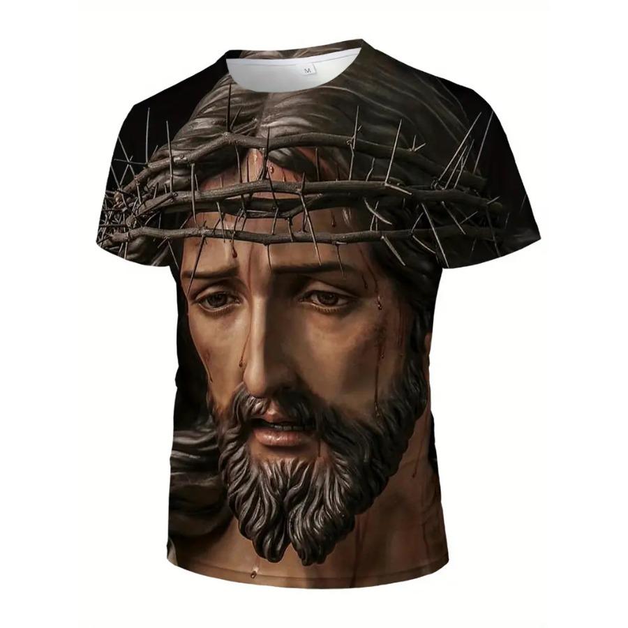 Men's 3D Cross Graphic Print Tee - Casual Short Sleeve Crew Neck T-shirt for Summer Outdoor Activities and Novelty Pajamas - Slightly Stretchy