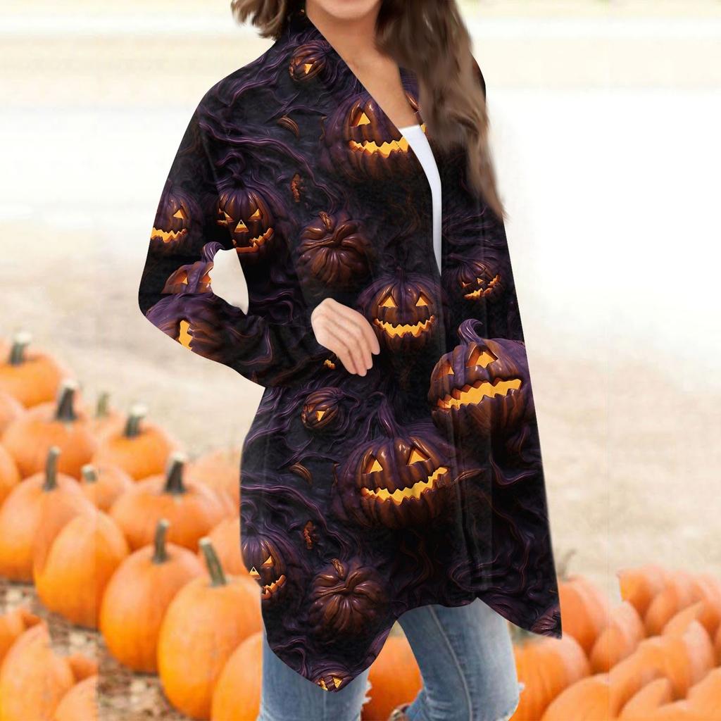 Женская мода, повседневный кардиган с принтом на Хэллоуин, средней длины, куртка, пальто
