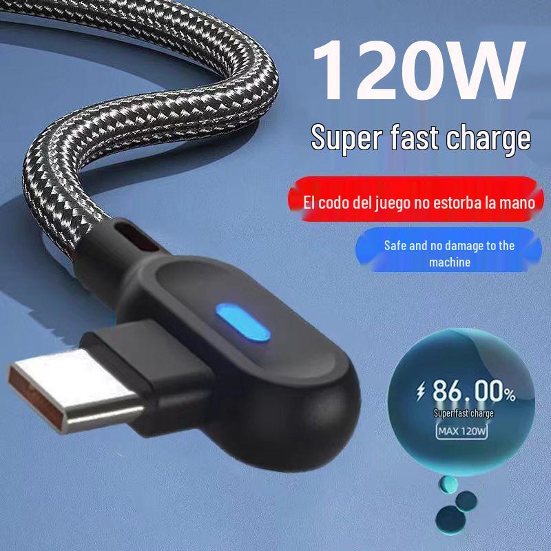 Нейлоновый плетеный кабель для быстрой зарядки с двумя угловыми разъемами для Apple, Android, Type-C со светодиодной подсветкой