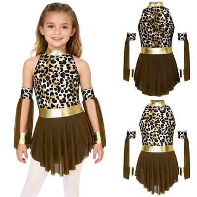Girls Prehistoric Cave Costume Leopard Print Patchwork Dress with Built-in Briefs & Matched Oversleeves for Stage Performance